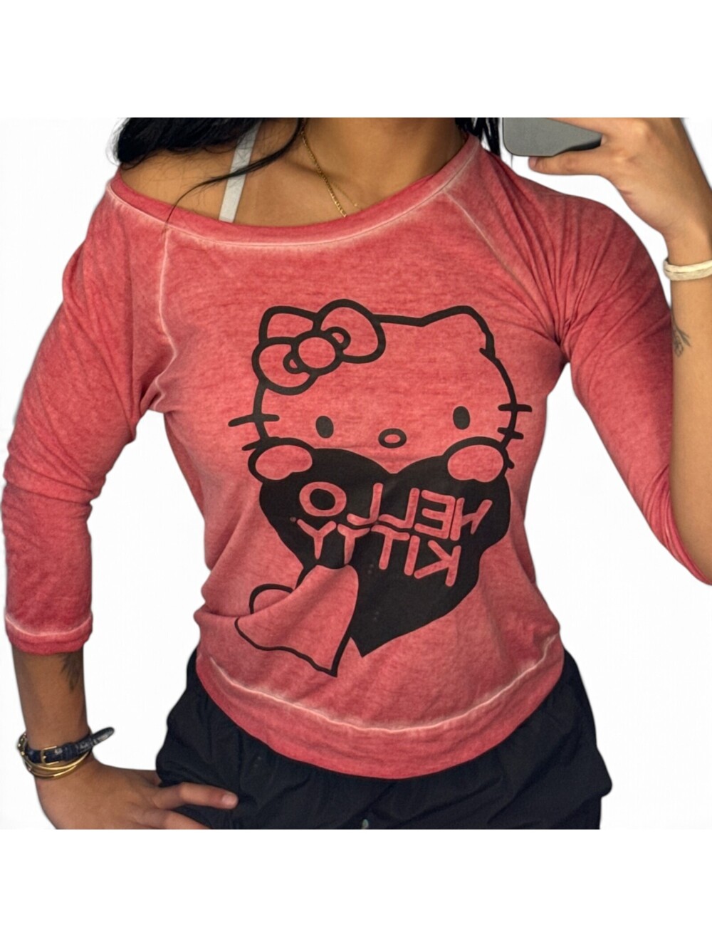 Hello Kitty Red Acid Wash Burnout Raglan Top